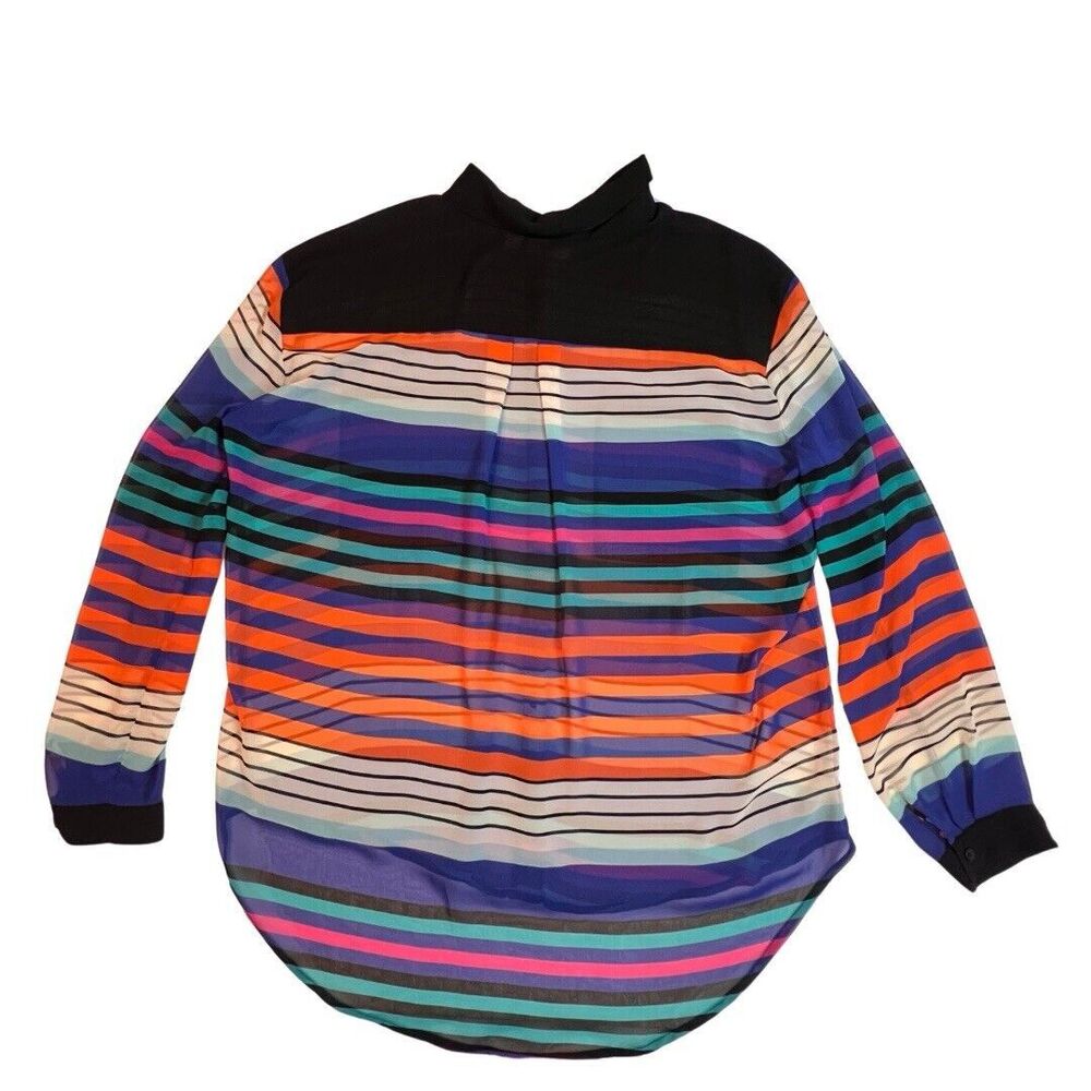 Bisou Busou Blouse Womens XL Colorful Bright Stripes Sheer Button Up Shirt - Picture 8 of 9